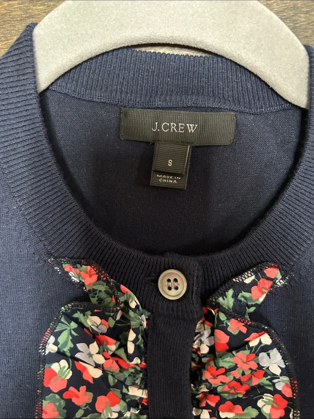 J. Crew Jackie Navy Cardigan with Liberty Floral Ruffle Front S